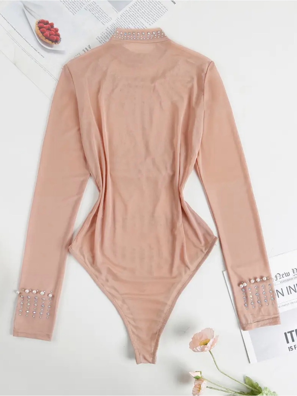 Embellished Long-Sleeve Bodysuit - Mesh Elegant Women's Top - Picture 2 of 4
